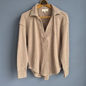 Pink Rose Oversized Waffle Knit‎ Collard Pullover Raw Hem XS Color Pink Beige